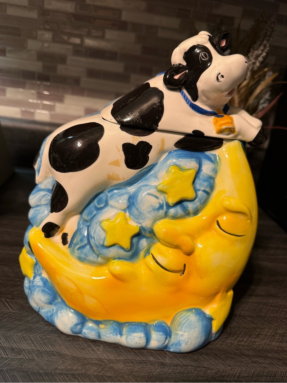 Cow on Moon Ceramic Cookie Jar - Yellow, Blue, Black